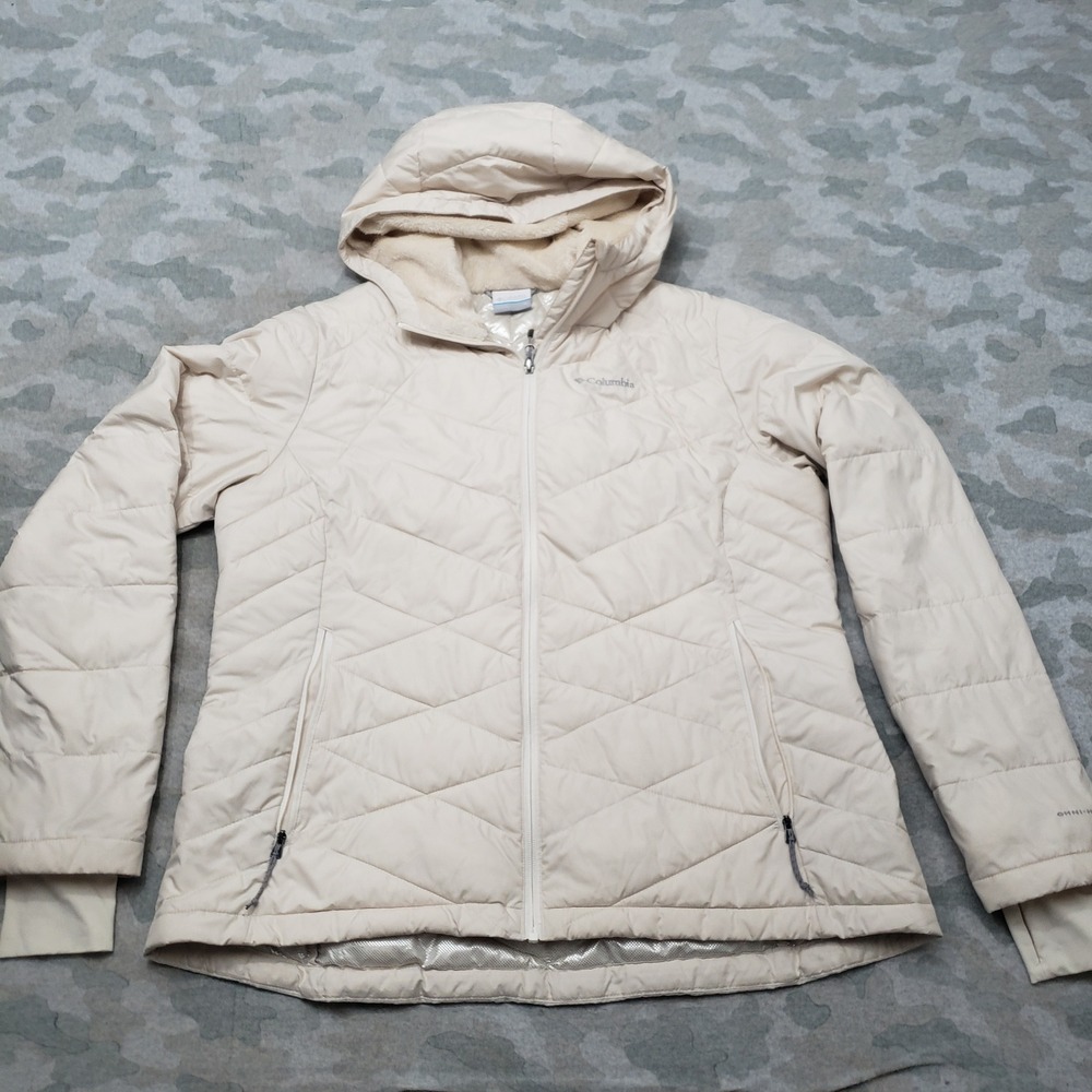 Columbia Puffer Jacket Womens XL Beige Omni-Heat Hooded Quilted Full Zip Outdoor